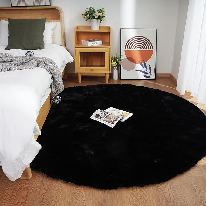 Ghouse Faux Rabbit Fur Round Rug 5ft Black Round Rugs for Bedroom Decor Fluffy Area Rugs for Living Room, no-Shedding Carpet Sheepskin Washable Rug Rome Decor