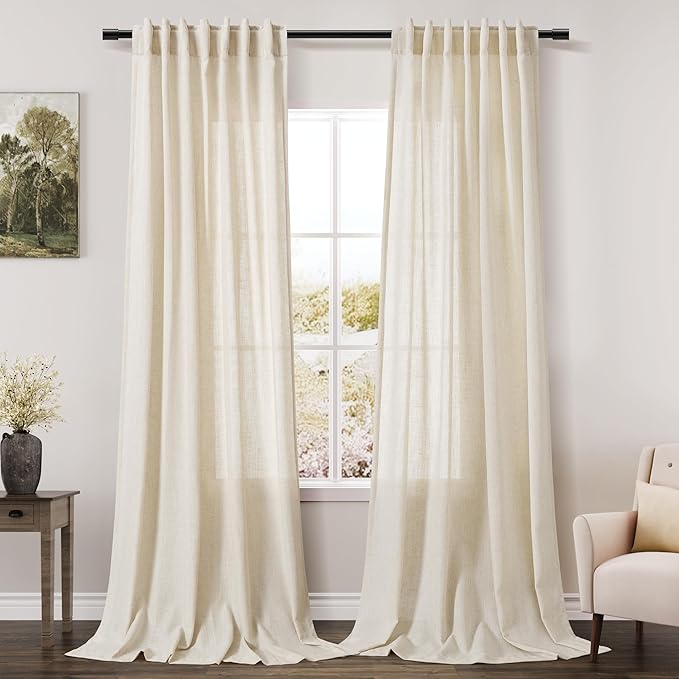Warm Beige Linen Curtains 90 Inch Long 2 Panels Set for Bedroom Living Room Linen Textured Window Drapes Semi Sheer Light Filtering Rod Pocket Back Tab Cotton Textured Farmhouse Curtain 52x90
