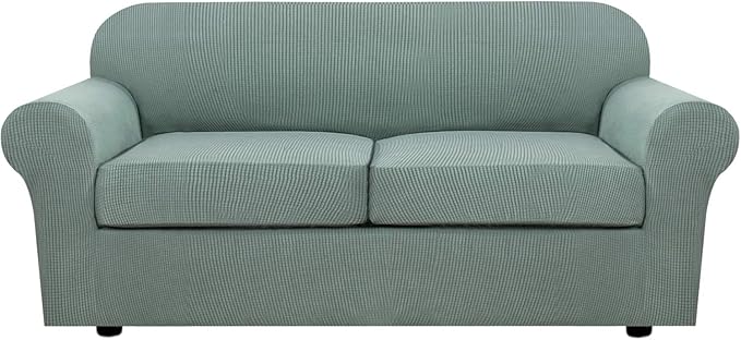H.VERSAILTEX 3 Piece Stretch Sofa Covers for 2 Cushion Sofa Couch Covers for Living Room Sofa Slipcovers (Base Cover Plus 2 Seat Cushion Covers) Thicker Jacquard Fabric(Large Sofa, Sage)