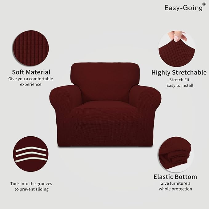 Easy-Going Stretch Chair Sofa Slipcover 1-Piece Couch Sofa Cover Furniture Protector Soft with Elastic Bottom for Kids, Pet. Spandex Jacquard Fabric Small Checks (Chair, Wine)