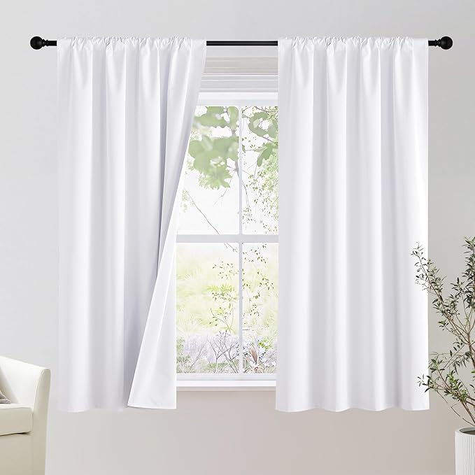 NICETOWN Bedroom 100% Blackout Curtains, 2 Panels, 34 by 63, Snow White, Window Treatment Rod Pocket Curtains/Drapes for Bedroom
