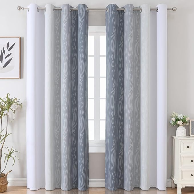Estelar Textiler Thermal Insulated Blackout Curtains 96 Inches Long, Ombre Grey and Grayish White Blackout Drapes for Bedroom, Gradient Full Light Blocking Energy Saving Curtains, 52Wx96L, 2 Panels