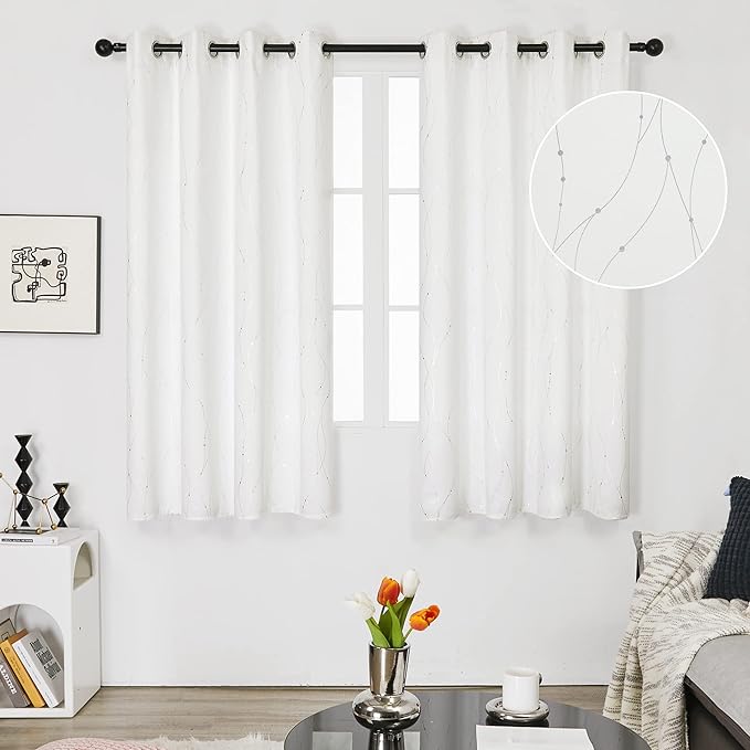 Deconovo White Curtains, Room Darkening Curtain, Thermal Insulated Soundproof Drapes, Wave Dots Silver Print, 52 x 54 Inch Long, Grommet Top, Window Panels for Living Room Bedroom Kitchen, Set of 2