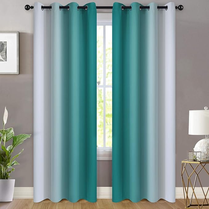 Yakamok 84 Inch Length Teal and Greyish White Light Blocking Gradient Color Ombre Curtains with Grommet, Room Darkening Window Treatment Drapes for Living Room(52x84 Inch, 2 Panels)