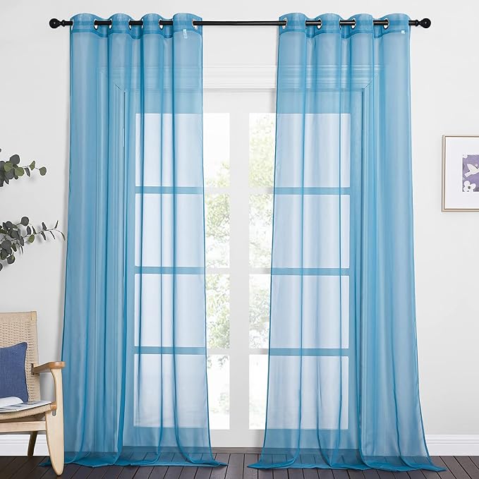 NICETOWN Voile Sheer Turquoise Curtains 90 inch Length, Grommet Airy Voile Sheer Drapes Light Filtering Window Treatments for Bedroom/Living Room, 2 Panels, W54 x L90