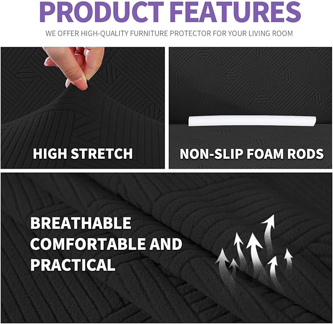 ZNSAYOTX Super Stretch Sofa Cover (72"-92"), New Striped Sofa Covers Fitted Slipcovers with Elastic Bottom, Dog Cat Pets Proof Spandex Washable Fabric Comfortable & Durable (Black, Sofa)