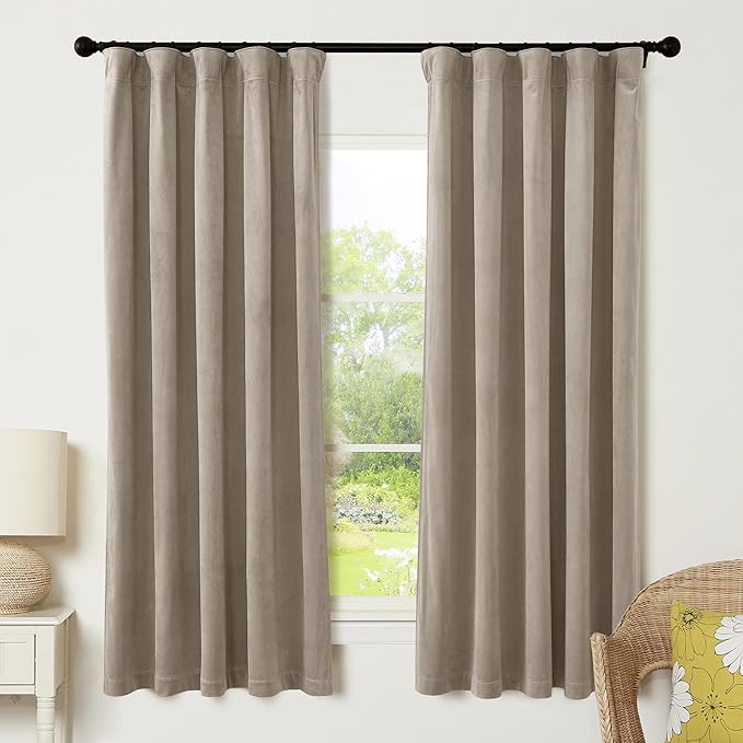 RYB HOME Camel Beige Velvet Curtains 72 inches Length with Hook Tape, Thermal Insulated Privacy Protect Decorative Drapes for Window, W 42 x L 72 inches, 2 Panels Set