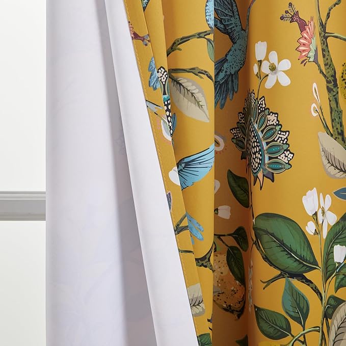 Topfinel Living Room Curtains 72 Inches Long Mustard Yellow Vintage Curtains & Drapes, Room Darkening Grommet Luxury Whimsical Floral Lemon Hummingbird Colorful Blackout Drapes for Living Room Bedroom