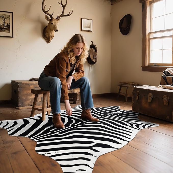 AROGAN Premium Faux Zebra Hide Rug 5.2 x 6.2 Feet, Sturdy and Large Size Bear Print Rugs, Suitable for Bedroom Living Room Western Decor, Faux Fur Animal Carpet, Black and White