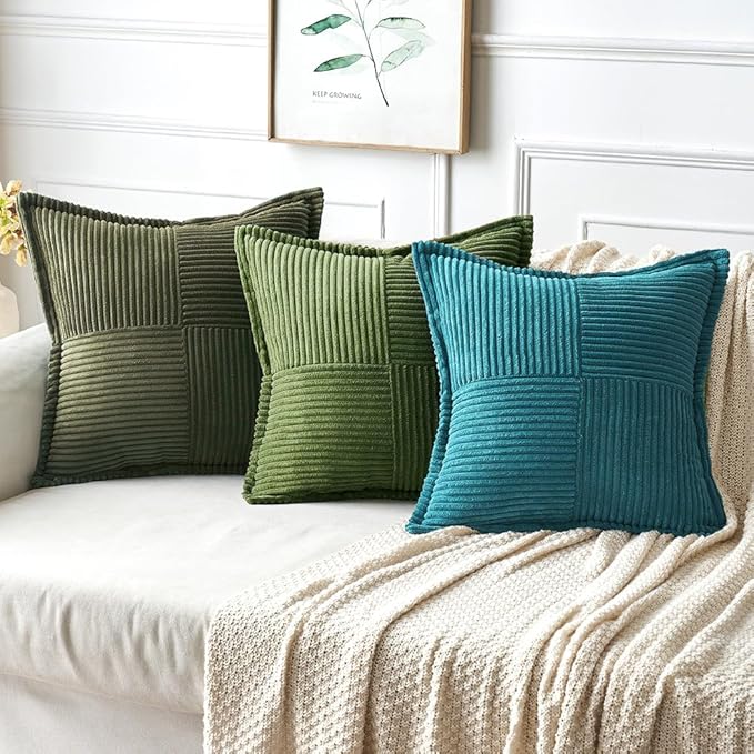 MIULEE Decorative Throw Pillow Covers for Couch Bed Livingroom 18x18 Inch Set of 2 Teal Blue Boho Accent Throw Pllows Broadside Striped Patchwork Soft Corduroy Summer Coastal Pillowcases
