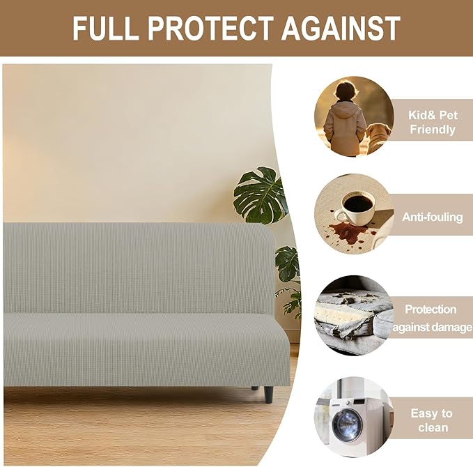 U-NICE HOME Stretch Futon Cover Armless Bed Slipcover - Soft Jacquard Fabric Washable for Pet Friendly, Taupe