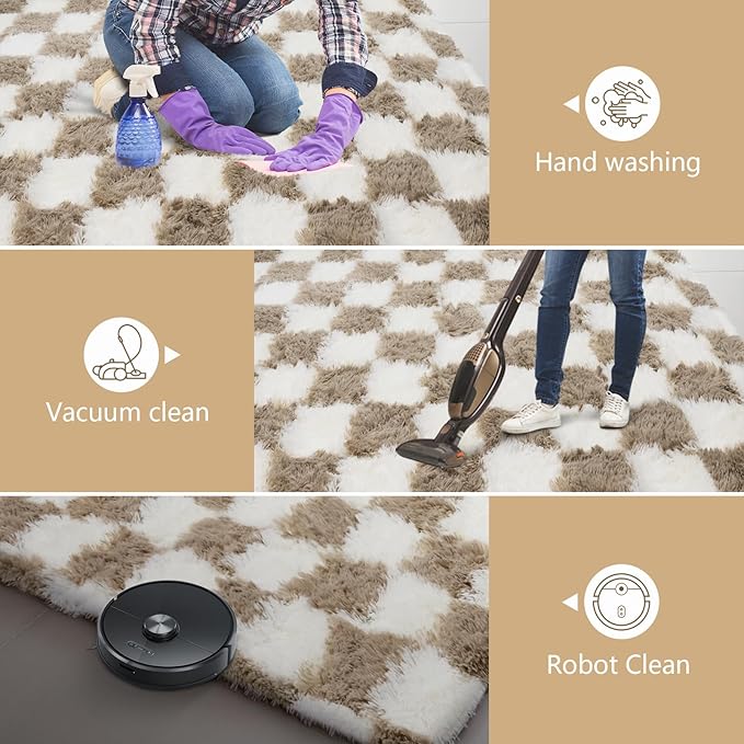 4x6 Checkered Area Rugs for Bedroom, Fluffy Beige and White Checkered Rug Fuzzy Shag Shaggy Carpets for Living Room, Soft Plush Furry Rug for Boy Girls Room Dorm Home Decor