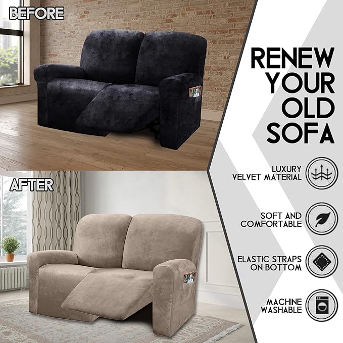 ULTICOR Reclining Love Seat Sofa Cover (6 Piece, Taupe), 48-65'' L, Velvet Stretch, Soft, Washable