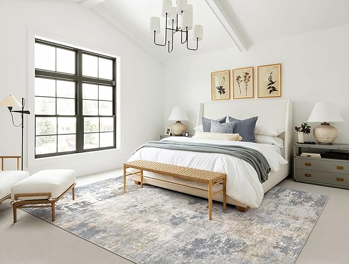 UERMEI 6x9 Area Rug Living Room Rugs - Washable Neutral Modern Abstract Soft Thin Large Rug Indoor Floor No Slip Rug Carpet for Bedroom Under Dining Table Home Office Decor - Blue Grey