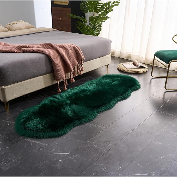 EasyJoy Ultra Soft Fluffy Shaggy Area Rug Faux Fur Rug Chair Cover Seat Pad Fuzzy Area Rug for Bedroom Floor Sofa Living Room (2 x 6 ft Sheepskin, Dark Green)
