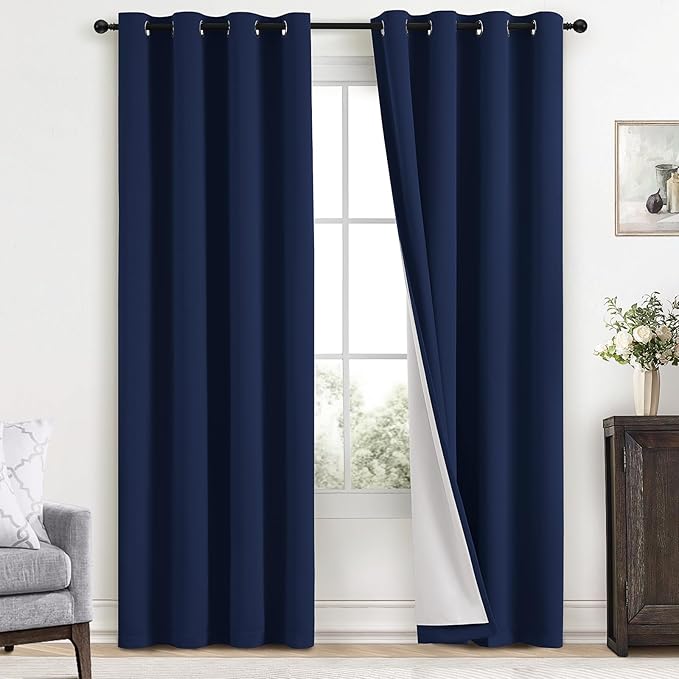 Yakamok Navy Blue 100% Blackout Curtains 84 Inches Long Thermal Insulated Window Curtain for Bedroom Living Room Darkening Set of 2 Panels Grommet Top Drapes with 2 Thick Layers 52x84 Inches Dark Blue