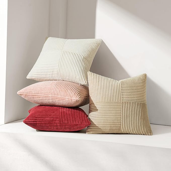 MIULEE Beige Decorative Lumbar Throw Pillow Covers 14x22 Inch for Couch Bed Sofa Pack of 2 Boho Neutral Farmhouse Throw Pillows Soft Cross Corduroy Patchwork Textured Cushion Cases