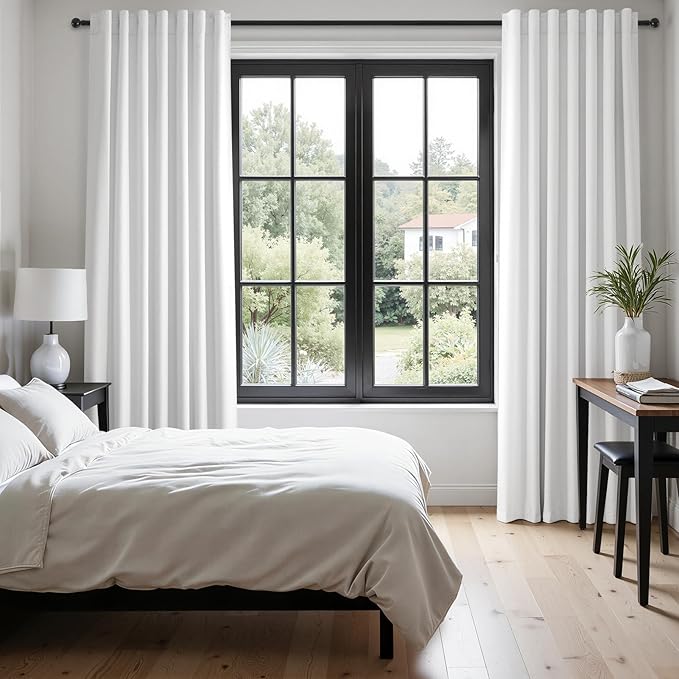 96 inch long Linen blackout curtains 2 Panels 100% Black out Linen texture Curtains ivory white Window Drapes with Back Tab Rod Pocket Mordern vintage Curtains Panel for Bedroom Living Room 8FT