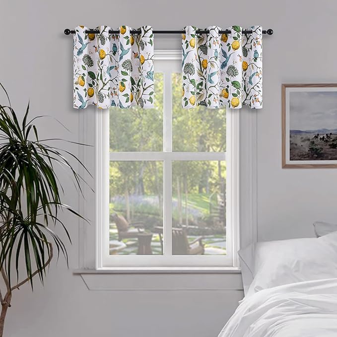Topfinel White Blackout Window Toppers Curtains 18 Inch Length White Floral Leaf Hummingbird Lemon Printed Grommet Valances for Kitchen Bathroom, Thermal Insulated Grommet Half Window Curtain Set of 2