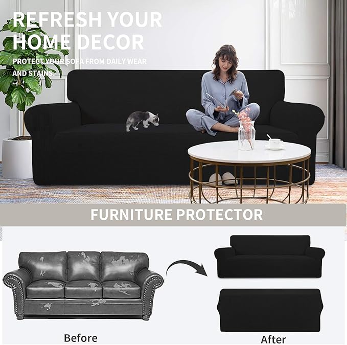 Easy-Going Stretch Oversized Loveseat Slipcover 1-Piece Sofa Cover Furniture Protector Couch Soft with Elastic Bottom for Kids Polyester Spandex Jacquard Fabric Small Checks Black