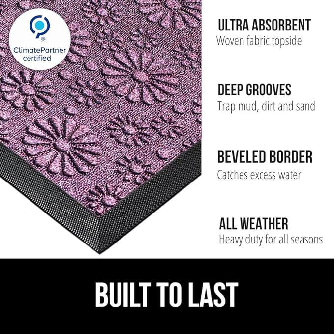 GORILLA GRIP 100% Waterproof All-Season WeatherMAX Doormat, Durable Natural Rubber, Stain and Fade Resistant, Low Profile, Indoor Outdoor Door Mats, Easy Clean Entry Mat, 29x17, Purple Confetti Daisy
