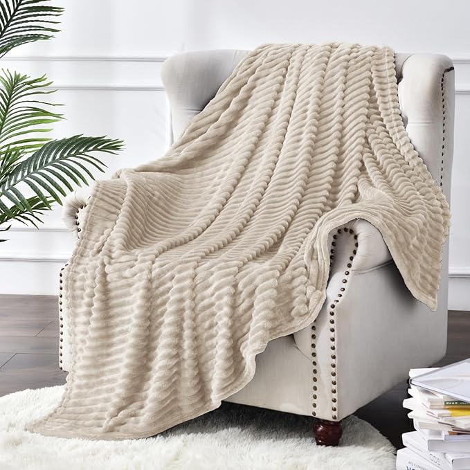 BEDELITE Fleece Blanket Full Size – 3D Ribbed Jacquard Soft and Warm Decorative Fuzzy Blankets – Cozy, Fluffy, Plush Lightweight Throw Blankets for Couch, Bed, Sofa(Linen, 84x90 inches)