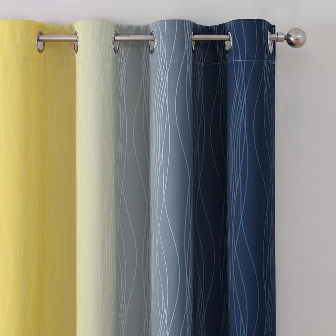Estelar Textiler Navy Blue and Yellow Blackout Curtains 45 Inch Length, Full Light Blocking Gradient Drapes for Kitchen, Thermal Insulated Grommet Ombre Curtains for Bathroom,52Wx45L,2 Panels