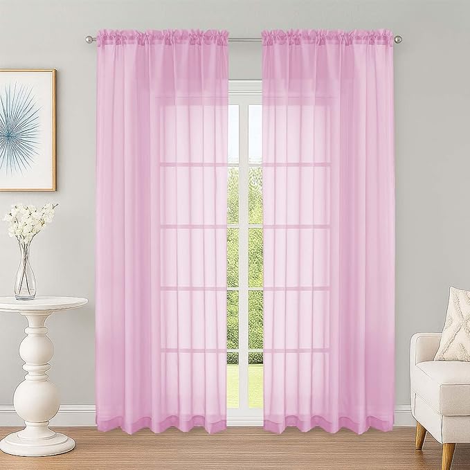 OWENIE Sheer Curtains 84 Inches Long 2 Panels Set, Sheer Pink Curtains for Living Room Bedroom 59 Inch Extra Wide, Modern Voile Filmy Rod Pocket Drapes, 2 Pcs, Each 59 W x 84L, Pink