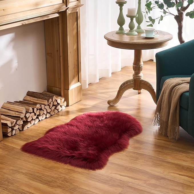EasyJoy Ultra Soft Fluffy Shaggy Area Rug Faux Fur Rug Chair Cover Seat Pad Fuzzy Area Rug for Bedroom Floor Sofa Living Room (2 x 3 ft Sheepskin, Burgundy)