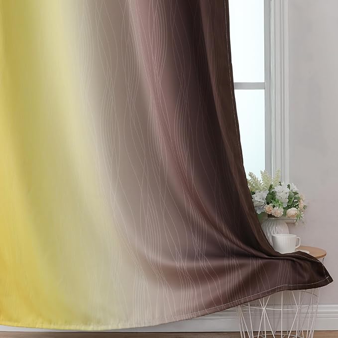 Estelar Textiler Brown and Yellow Blackout Curtains for Living Room, Full Room Darkening Grommet Ombre Curtains for Bedroom, Thermal Insulated Light Blocking Gradient Drapes, 52Wx72L, 2 Panels