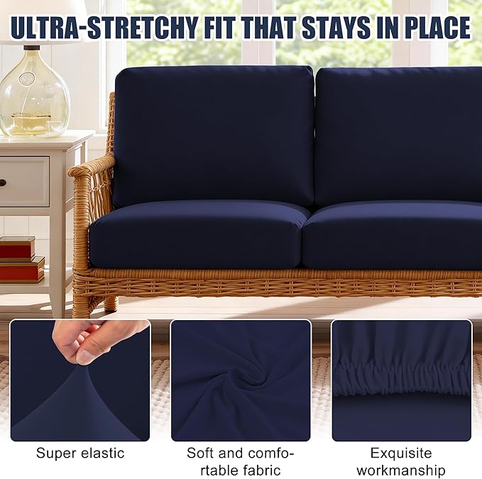 Patio Stretch Cushion Covers, Chair Cushion Covers& Sofa Replacement Slipcovers for Patio Furniture Cushion Covers, Washable Reusable Furniture Protector (4, Navy)