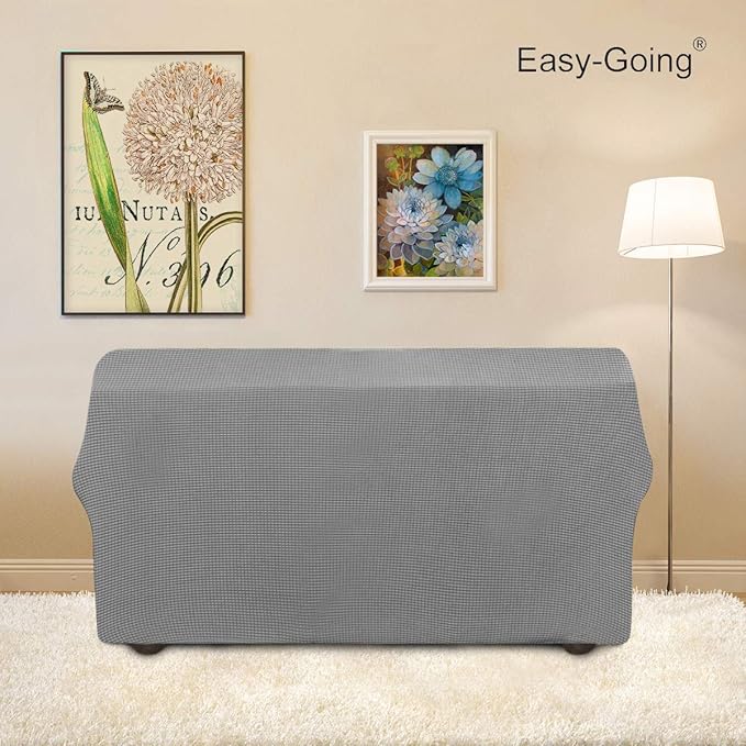 Easy-Going Stretch Loveseat Slipcover 1-Piece Sofa Cover Furniture Protector Couch Soft with Elastic Bottom for Kids Polyester Spandex Jacquard Fabric Small Checks (Loveseat, Light Gray)