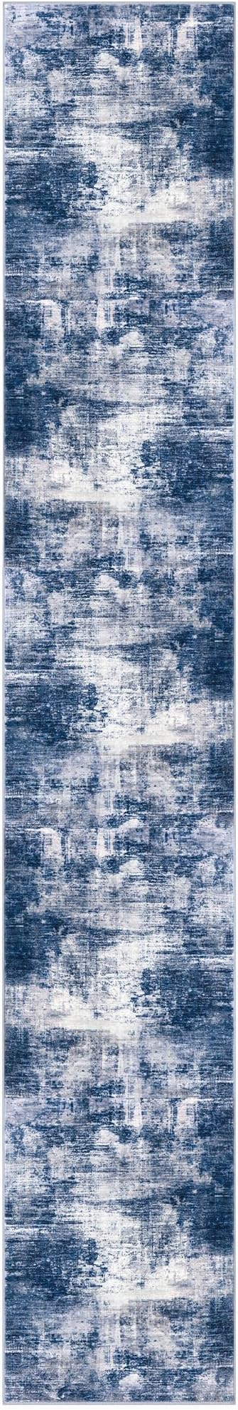 IOHOUZE Abstract Runner Rug 3x16 Ft Washable Runners for Hallways, Non Slip Kitchen Runner Printed Faux Wool Entryway Runner Indoor, Modern Abstract Floor Carpet for Hall Stair, Navy/Grey