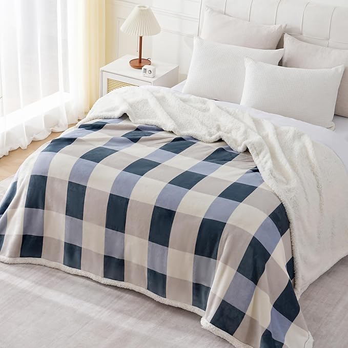 PU MEI Sherpa Throw Blanket Reversible Large Big King Size Flannel Blankets for Bed, 108"*90",Grey Blue