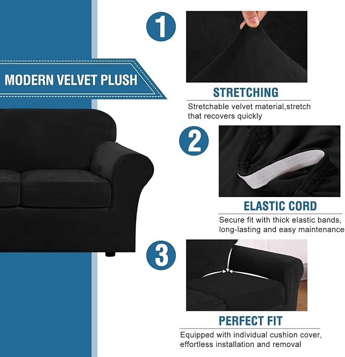 H.VERSAILTEX Modern Velvet Plush 4 Piece High Stretch Sofa Slipcover Sofa Cover Furniture Protector Form Fit Luxury Thick Velvet Sofa Cover for 3 Cushion Couch Width Up to 90 Inch (Sofa,Black)