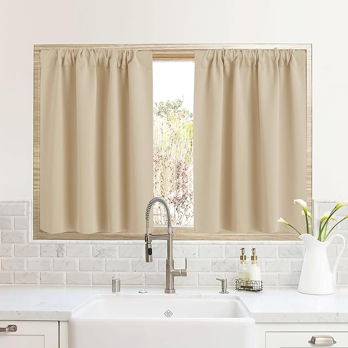 RYB HOME RV Curtains for Camper Windows, Mini Small Thermal Insulated Sunlight Heat Blocking Blocking Privacy Portable Curtains for Travel Trailer, Width 34 by Length 24, Biscotti Beige, 2 Panels