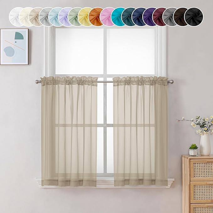 Chyhomenyc Taupe Sheer Curtains 24 Inch Length, Short Window Curtains for Bathroom Living Room Basement, Light Filtering Small Cafe Curtains, 42W x 24L Inches, 2 Panels