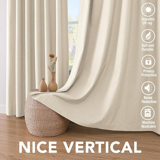 H.VERSAILTEX 100% Blackout Curtains for Bedroom Thermal Insulated Linen Textured Curtains Heat and Full Light Blocking Drapes Living Room Curtains 2 Panel Sets, Bleached Sand, 52x45 Inch