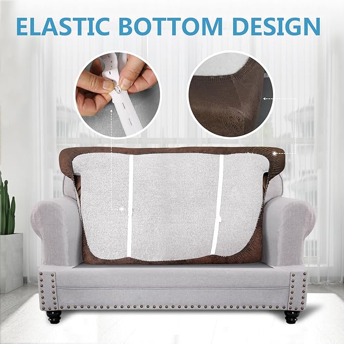 Leather Look Couch Cushion Covers Sofa Seat Slipcovers Sets Couches Furniture Protector for Sectional Armchair Loveseat Pets Kids Stretch Spandex Fabric (1 T-Cushion loveseat, Brown)