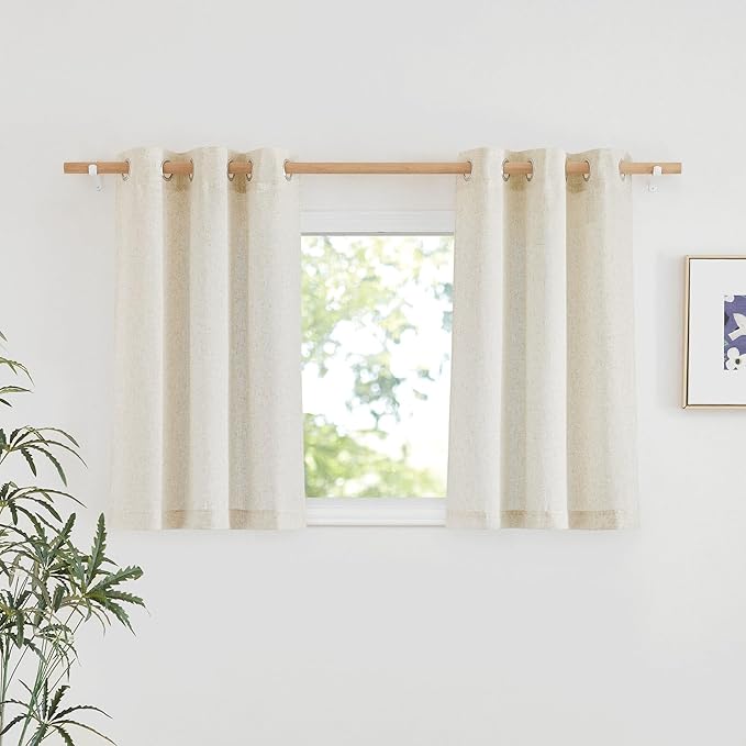 NICETOWN Natural Linen Kitchen Window Curtains Over Sink, Grommet Thick Linen Burlap Short Window Treatments Privacy Assured with Light Filtering for Bedroom/Bathroom, W34 x L36, 2 Panels