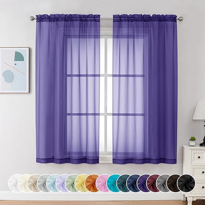 Chyhomenyc Purple Sheer Curtains 54 Inch Long 2 Panels, Light Filtering Rod Pocket Voile Short Curtains Drapes for Living Room Bedroom Small Windows, 42Wx54L Inches