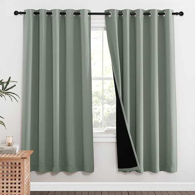 NICETOWN 100% Blackout Window Curtain Panels, Full Light Blocking Drapes with Black Liner for Nursery, 72-inch Drop Thermal Insulated Draperies (Greyish Green, 2 Pieces, 62-inch Wide Per Panel)
