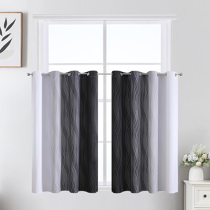 Estelar Textiler Black and Greyish White Ombre Short Blackout Kitchen Curtains 36 Inch Long, Thermal Insulated Grommet Small Half Window Drapes for Cafe/Basement/RV Camper, 52Wx36L, 2 Panels