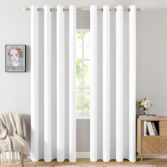 MIULEE 90 Inches Linen Textured Curtains for Bedroom 100% Blackout Thermal Insulated Bright White Grommet Room Darkening Drapes Luxury Decor for Living Room Nursery 52 x 90 Inch (2 Panels)