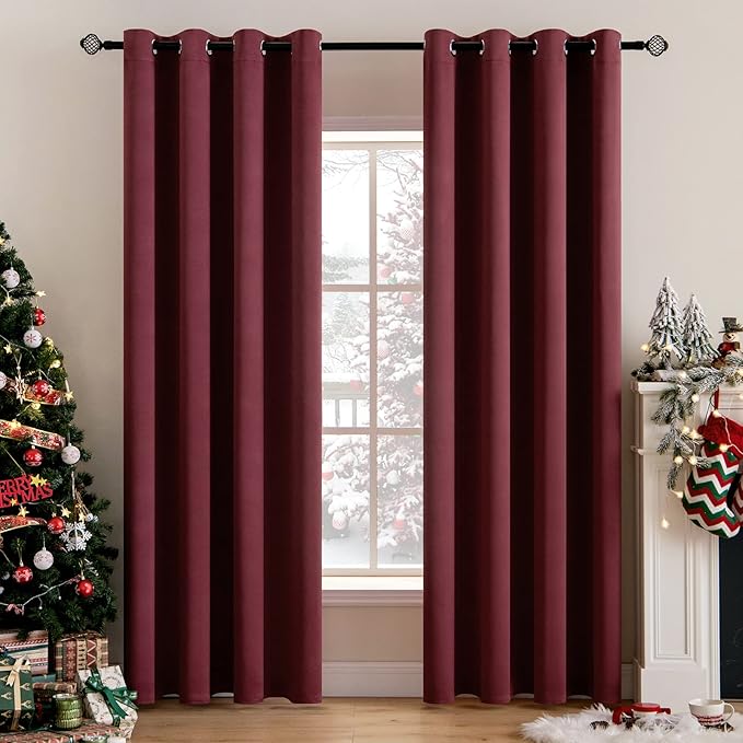 MIULEE Christmas Blackout Curtains for Bedroom Living Room Thermal Insulated Room Darkening Grommet Top Solid Light Blocking Drapery Set of 2 Window Panels 52 x 72 Inches Wine Red