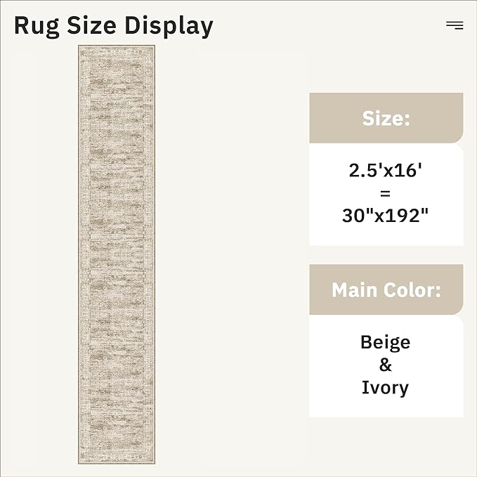 Runner Rug 2'6" x 16' Washable Non-Slip 2.5x16 ft Long Runner Rugs for Kitchen Bathroom Laundry Room Vintage Ultra Thin Runners for Hallway Entryway Brown