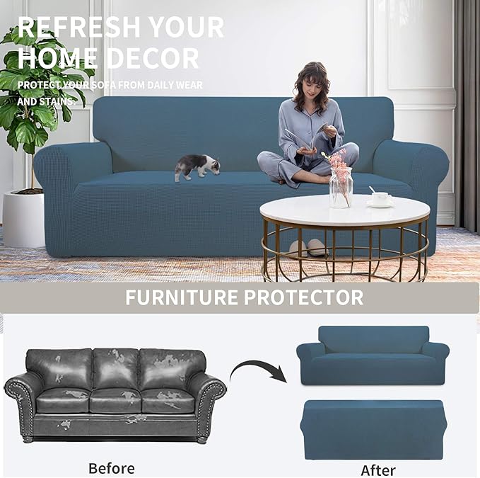 Easy-Going Stretch Oversized Loveseat Slipcover 1-Piece Sofa Cover Furniture Protector Couch Soft with Elastic Bottom for Kids Polyester Spandex Jacquard Fabric Small Checks Bluestone