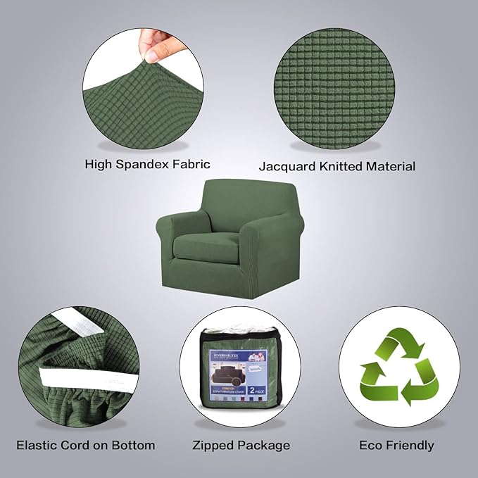 H.VERSAILTEX 2-Pieces Armchair Cover Chair Slipcovers with Arms Furniture Protector Cover Fit Armchair Width Up to 47 Inch, Jacquard Spandex Couch Covers Armchair Slipcover - Bronze Green, Chair