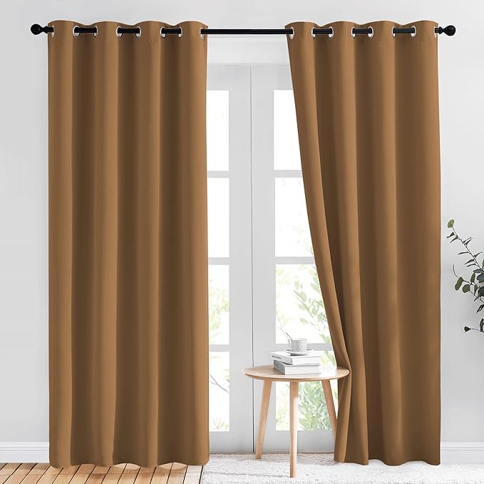 NICETOWN Blackout Doorway Curtains 80 inches Long 2 Panels Set, Grommet Thermal Window Treatments Light & Sound Blocking Drapes for Living Room, Gold Brown, W46 x L80
