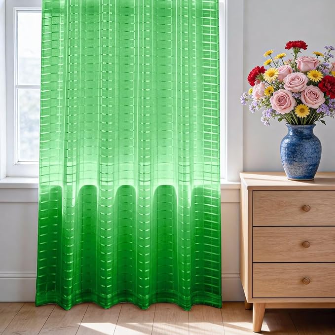 SpaceDresser Check Sheer Curtains 108 Inches 2 Panels Set, Rod Pocket Plaid Window Curtain for Living Room, Green Semi Sheer Drapes for Kitchen Bedroom Children Room Yard（Green, 52W x 108L）